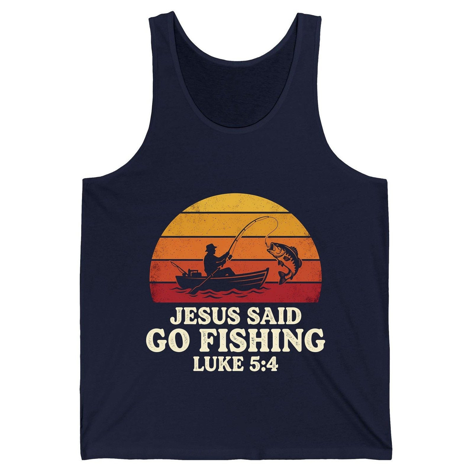 JESUS SAID GO Fishing LUKE 5 4 Retro Christian Tank Top - product mockup - Navy