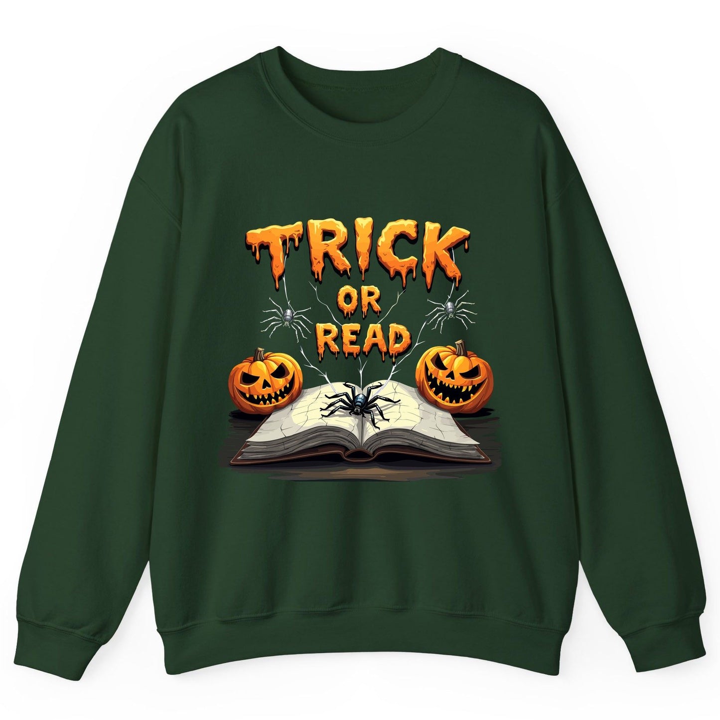 Trick or Read Halloween reading Sweatshirt Forest Green product mockup