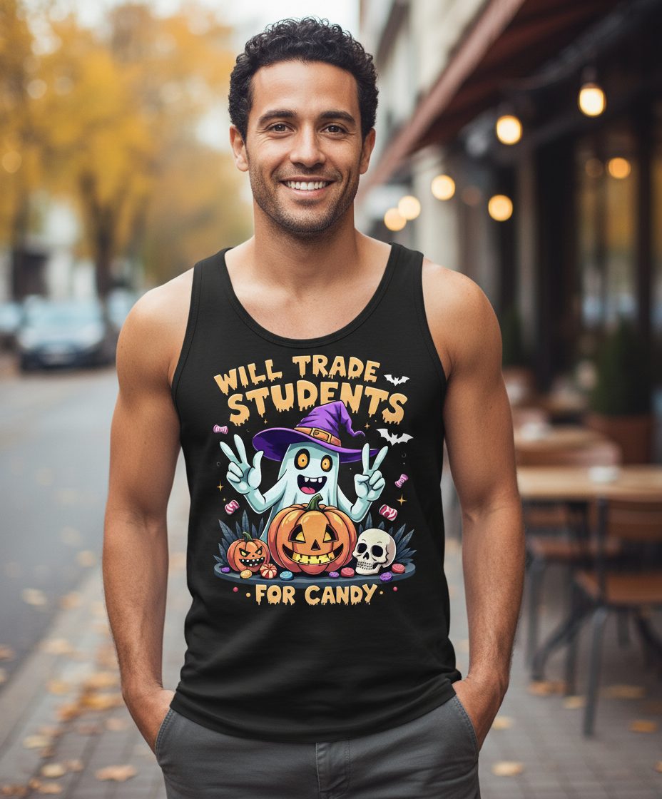 Will Trade Students for Candy teacher humor Tank Top Black lifestyle mockup