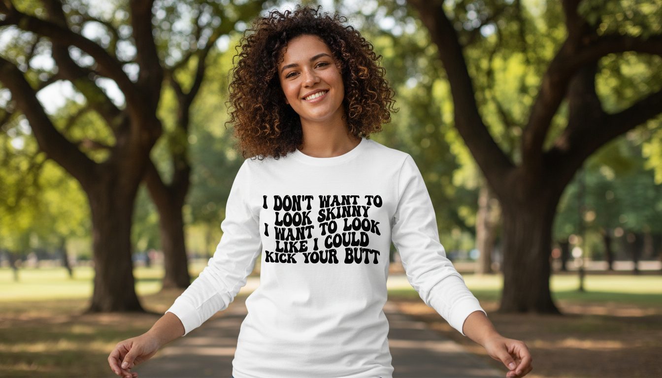 I Don't Want to Look Skinny I Want to Look Like I Could Kick Your Butt fitness motivation Long Sleeve Tee White lifestyle
