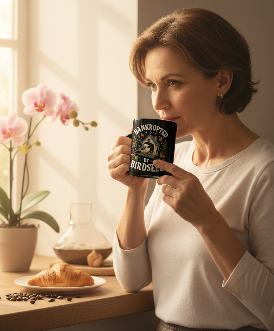 Bankrupted By Birdseed Funny Black Mug - lifestyle model mockup - Black
