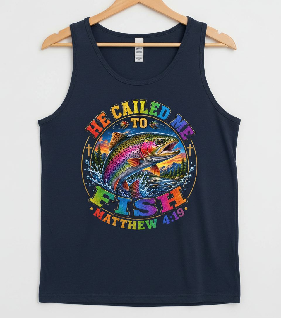 HE CALLED ME TO FISH Matthew 4 19 Christian Fishing Tank Top - product mockup - Navy