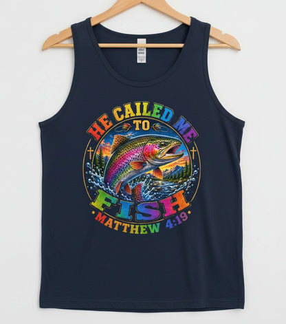HE CALLED ME TO FISH Matthew 4 19 Christian Fishing Tank Top - product mockup - Navy