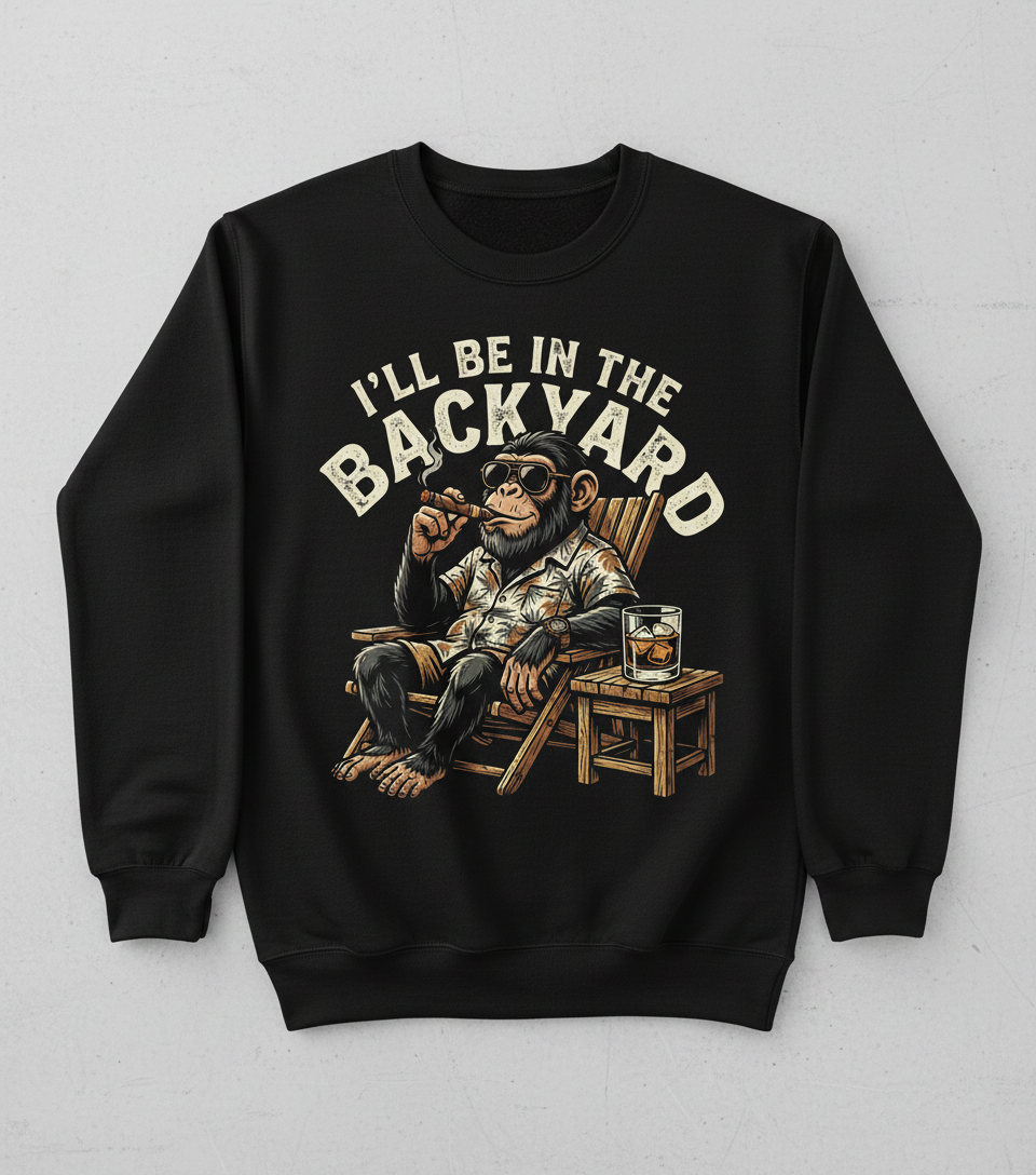 I'll Be In The Backyard Relaxing Chimp with Cigar Sweatshirt - Black