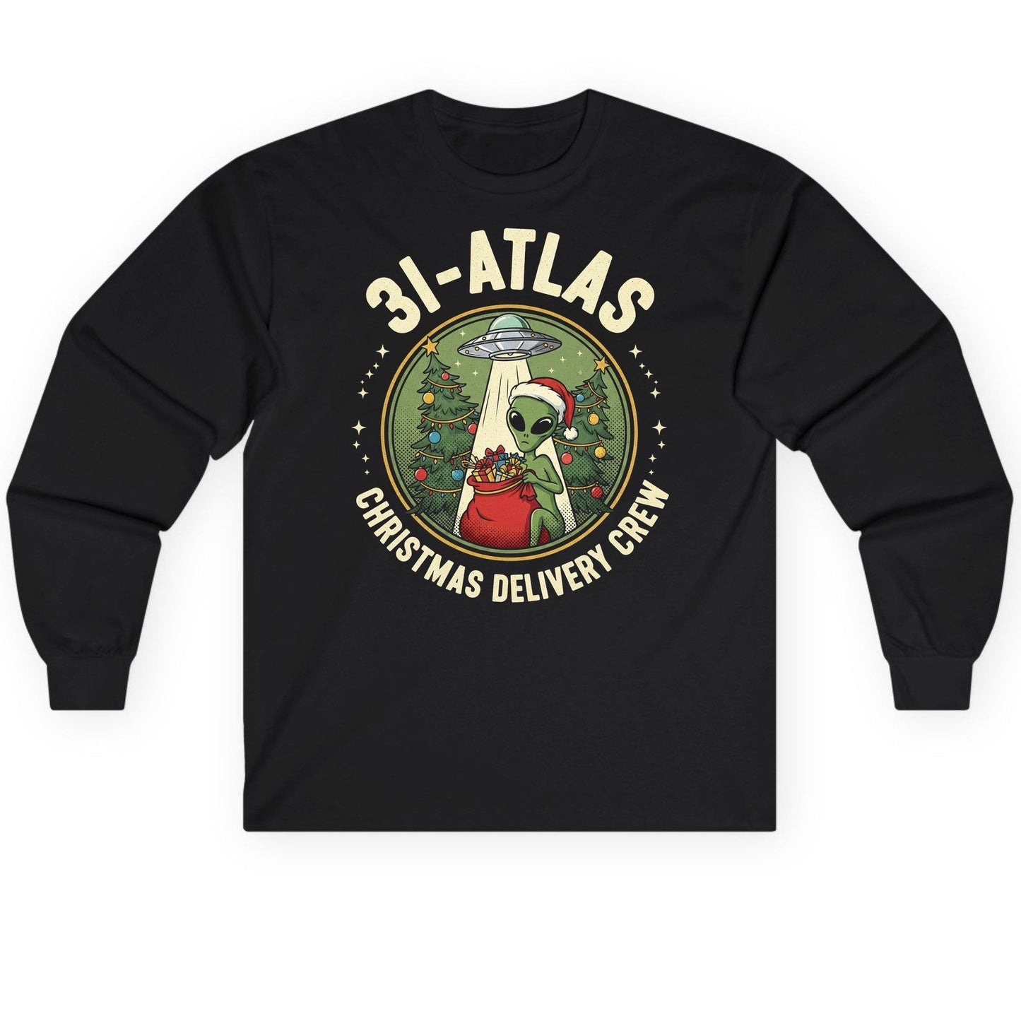 31-Atlas Christmas Delivery Crew alien Christmas Long Sleeve Tee Black product mockup