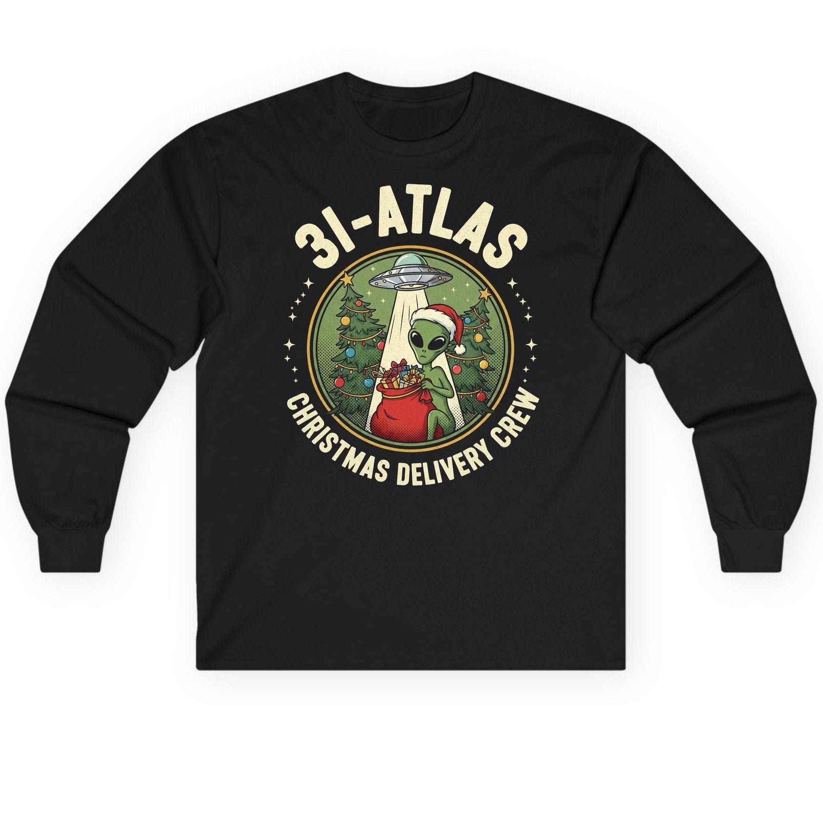 31-Atlas Christmas Delivery Crew alien Christmas Long Sleeve Tee Black product mockup