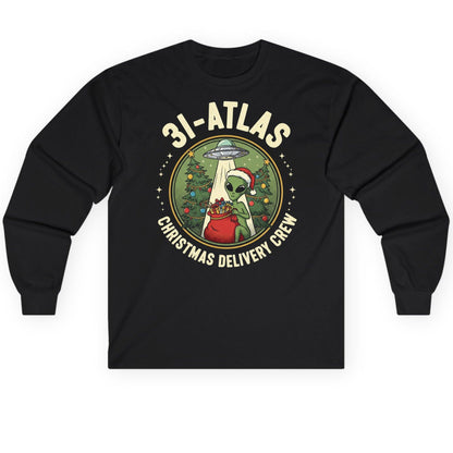 31-Atlas Christmas Delivery Crew alien Christmas Long Sleeve Tee Black product mockup