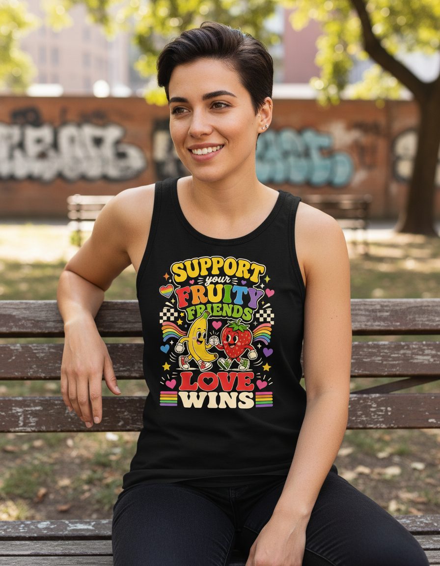 Support Your Fruity Friends Love Wins Retro Lgbtq+ Pride Tank Top - lifestyle model mockup - Black