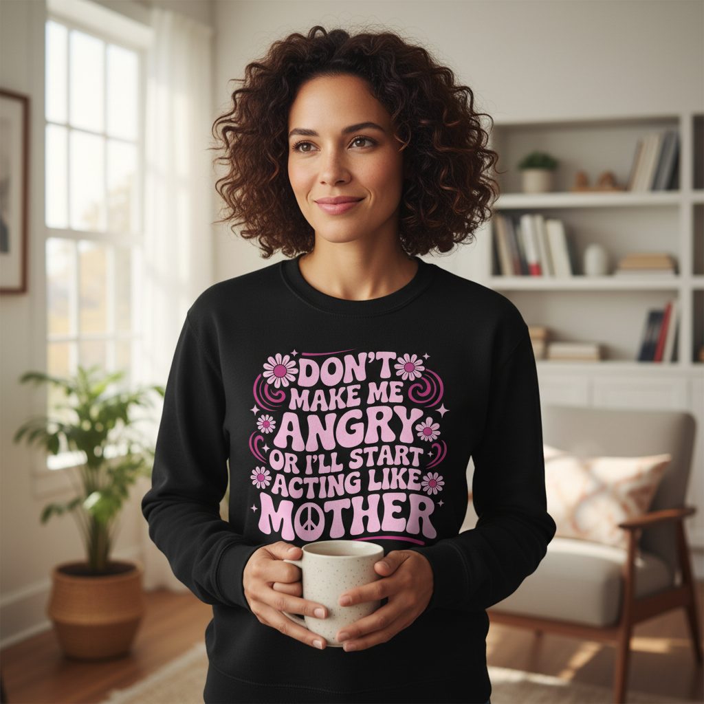 Don't Make Me Angry or I'll Start Acting Like Mother motherhood humor Sweatshirt Black lifestyle mockup