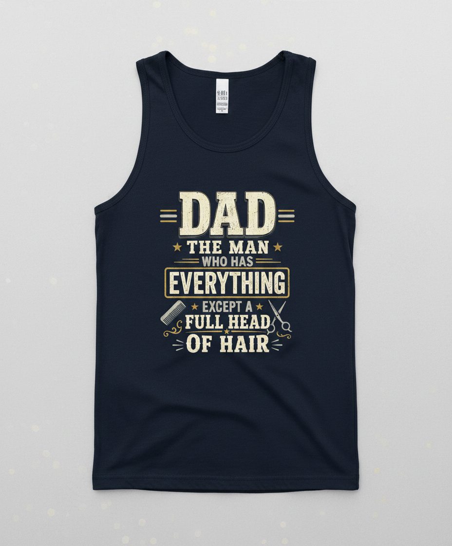 Dad the Man Who Has Everything Except a Full Head of Hair Funny Tank Top - product mockup - Navy