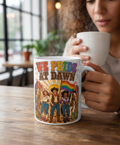 We Pride at Dawn Retro Lgbtq White Mug - lifestyle model mockup - White