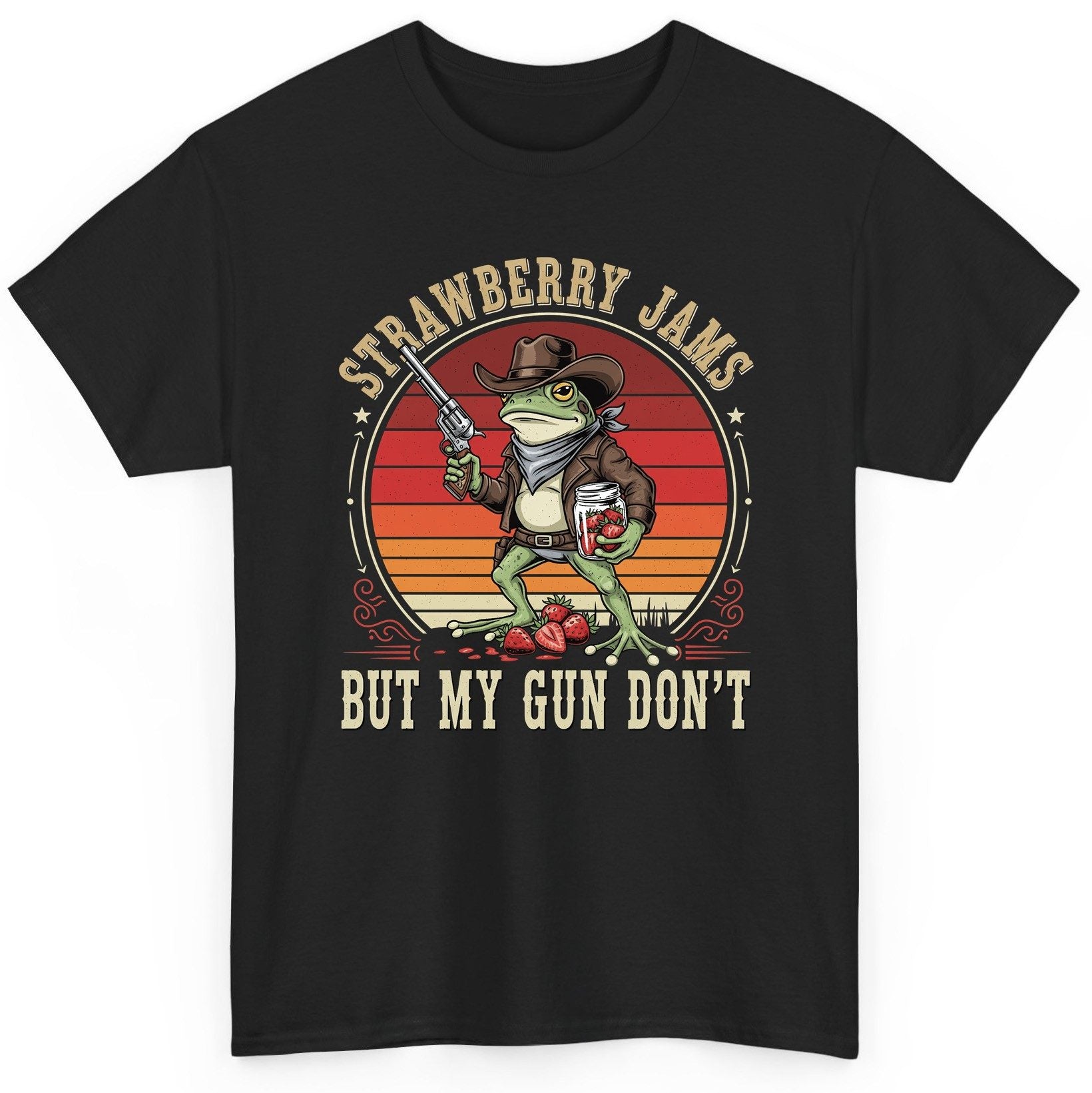 Strawberry Jams but My Gun Don't cowboy frog T-Shirt Black product mockup