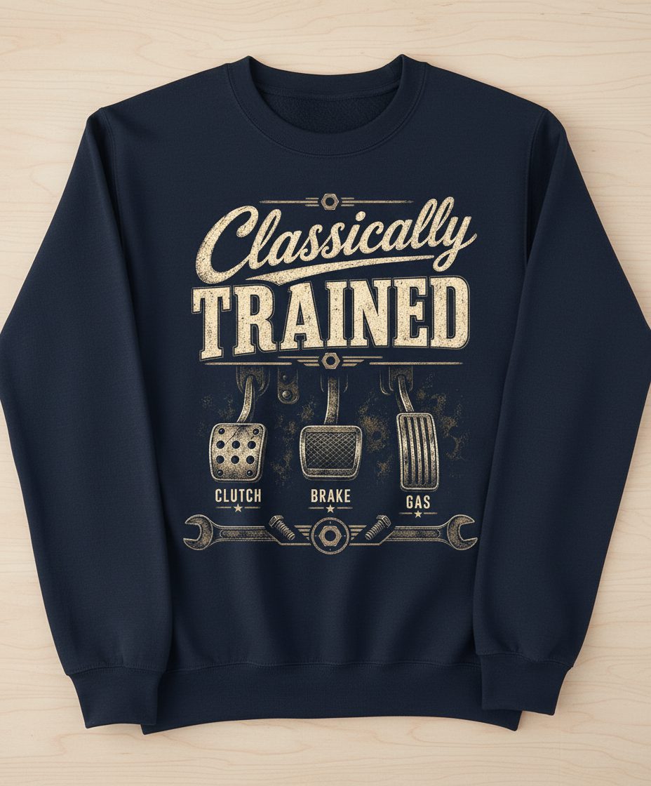 Classically Trained Retro Manual Transmission Sweatshirt - product mockup - Navy