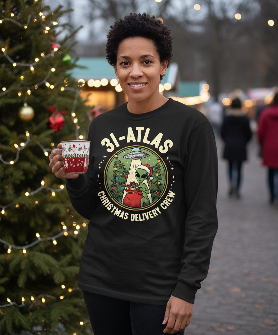 31-Atlas Christmas Delivery Crew alien Christmas Long Sleeve Tee Black lifestyle mockup