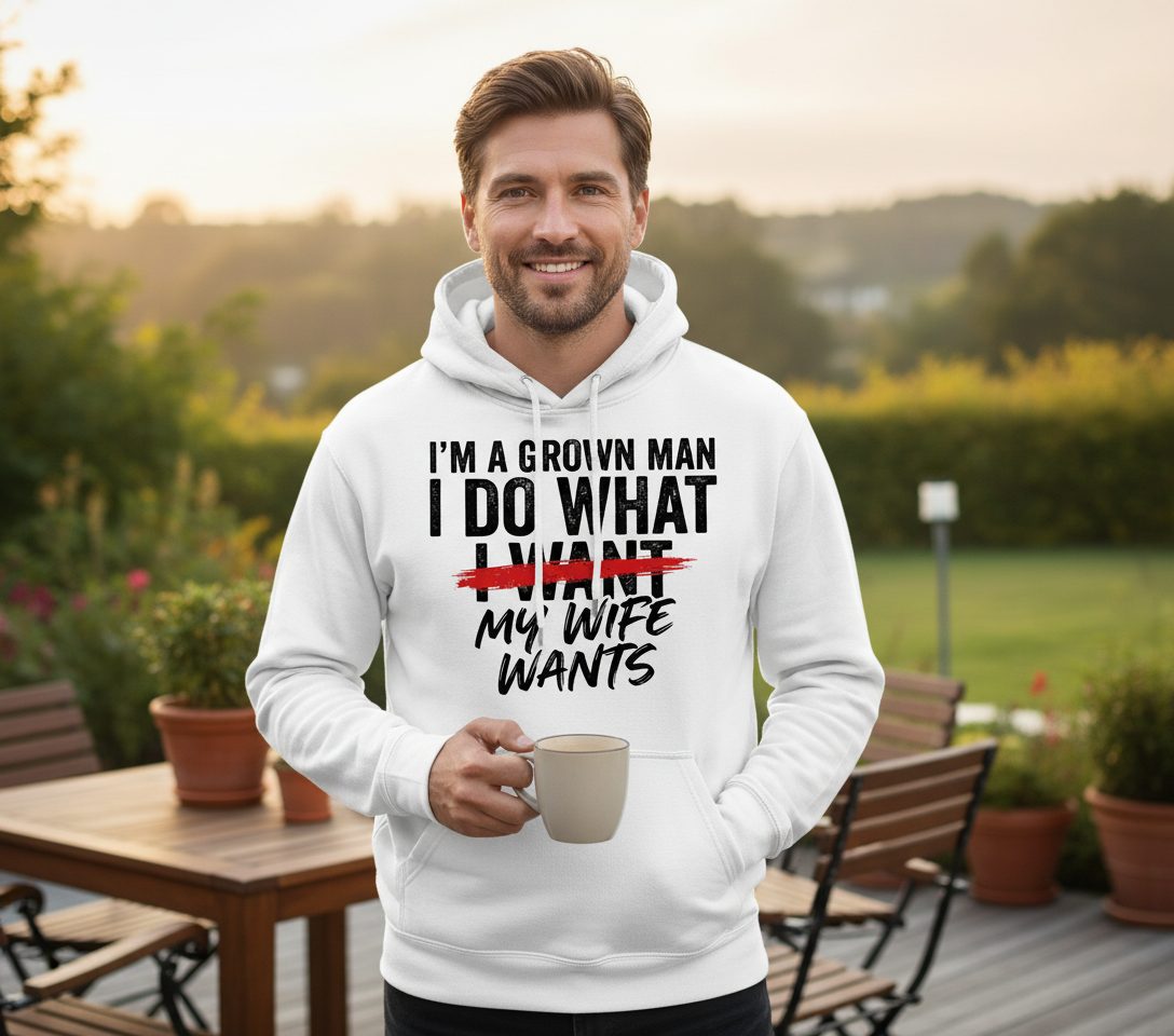 I'M a GROWN MAN I DO WHAT I WANT MY WIFE WANTS Funny Marriage Hoodie - lifestyle model mockup - White