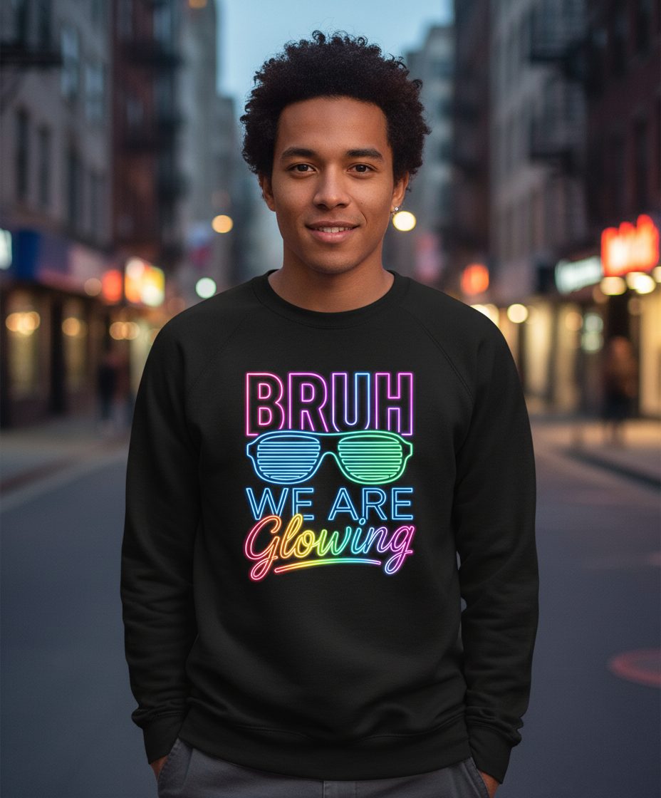 BRUH WE ARE Glowing Neon Party Sweatshirt Black lifestyle mockup