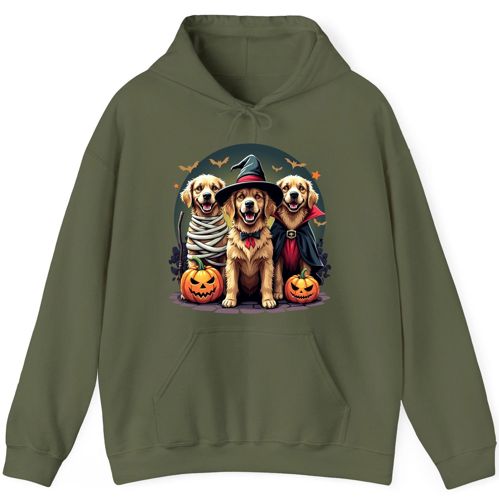 Golden Retriever Halloween Trio golden retriever Hoodie Military Green product mockup