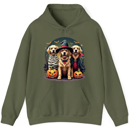 Golden Retriever Halloween Trio golden retriever Hoodie Military Green product mockup