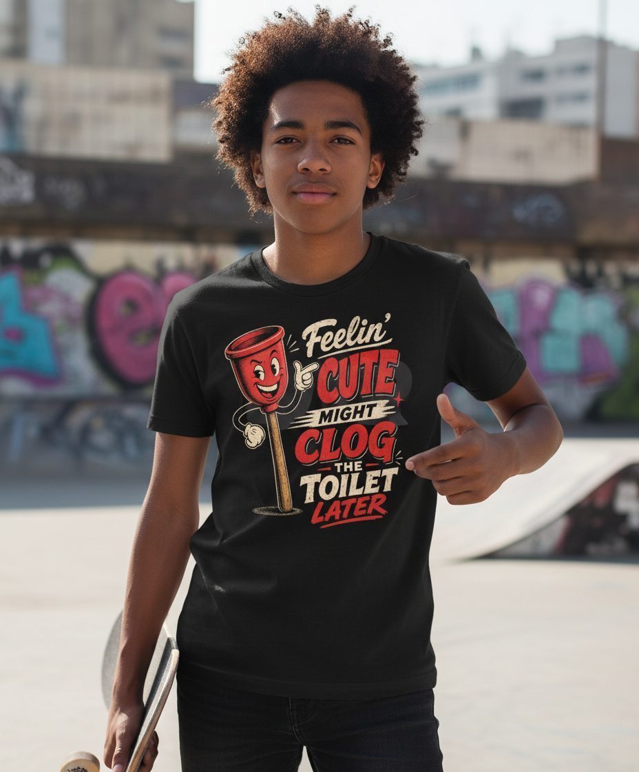 Feelin' Cute Might Clog the Toilet Later Funny Plunger Youth T-Shirt - lifestyle model mockup - Black