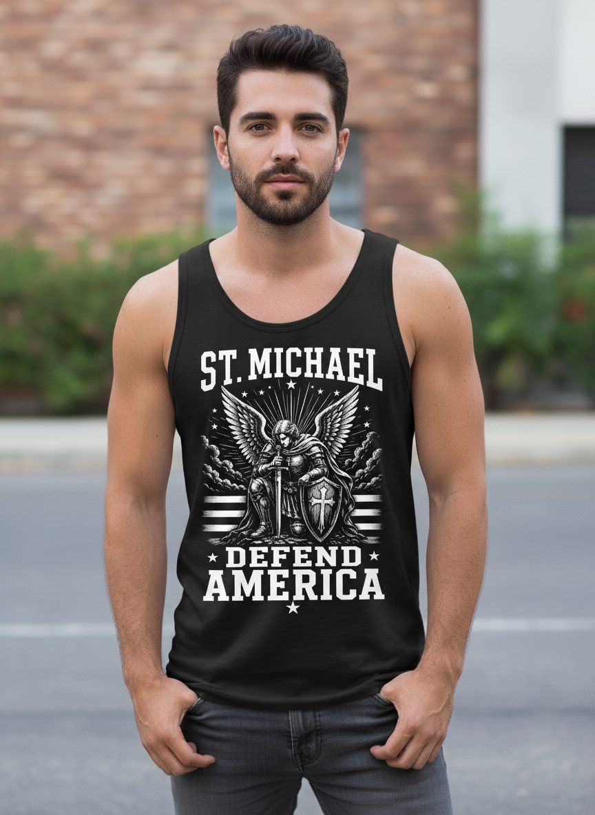 St Michael Defend America Patriotic Christian Tank Top - lifestyle model mockup - Black