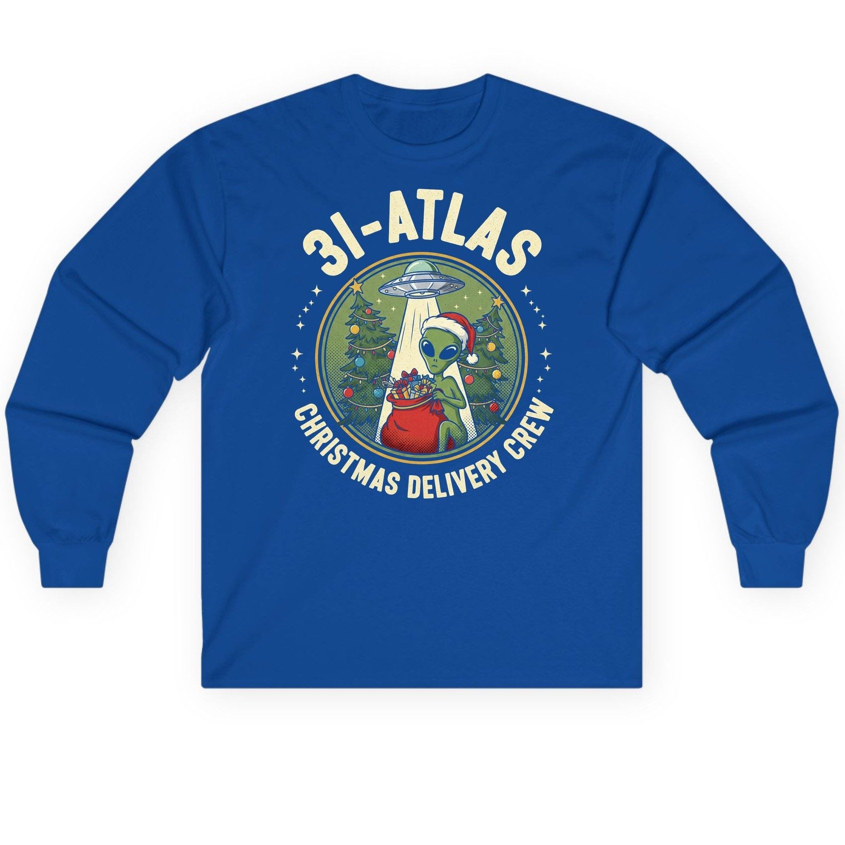 31-Atlas Christmas Delivery Crew alien Christmas Long Sleeve Tee Royal product mockup