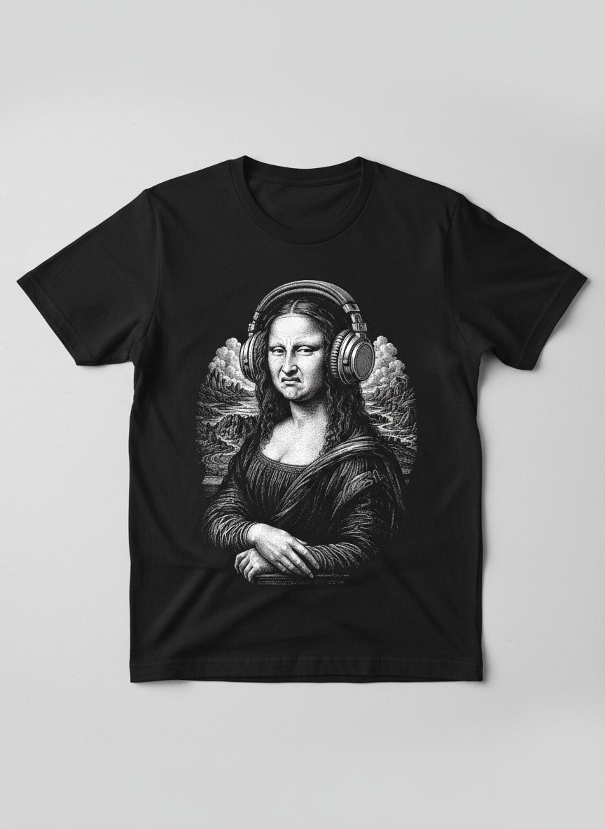 Disgusted Mona Lisa Headphones Funny Art Parody T-Shirt - product mockup - Black