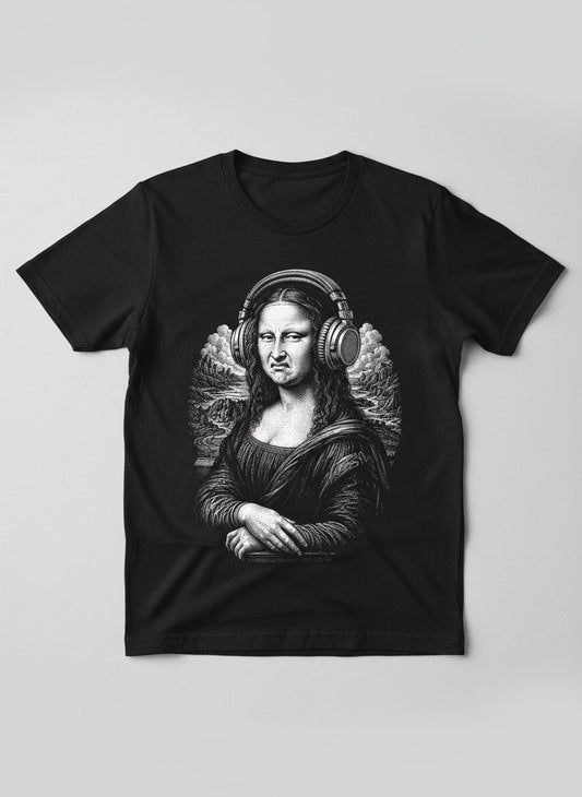 Disgusted Mona Lisa Headphones Funny Art Parody T-Shirt - product mockup - Black