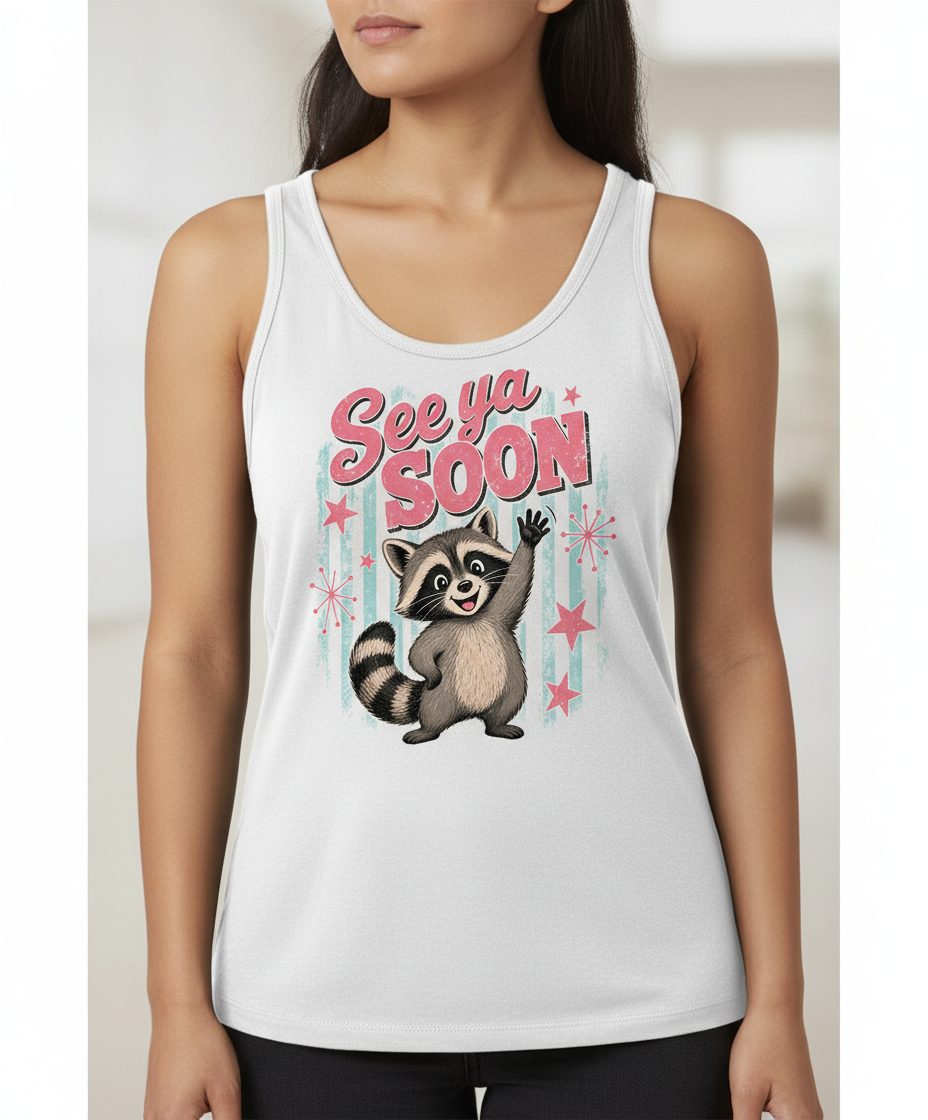 See Ya SOON Retro Raccoon Tank Top - product mockup - White