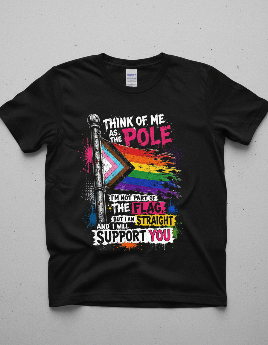 Straight Ally LGBTQ+ Support Pole and Flag T-Shirt - Black
