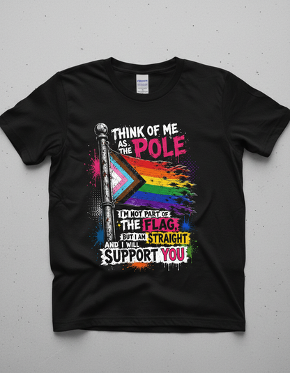 Straight Ally LGBTQ+ Support Pole and Flag T-Shirt - Black