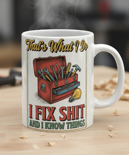 That's What I Do I Fix Shit and I Know Things Funny Handyman White Mug - product mockup - White