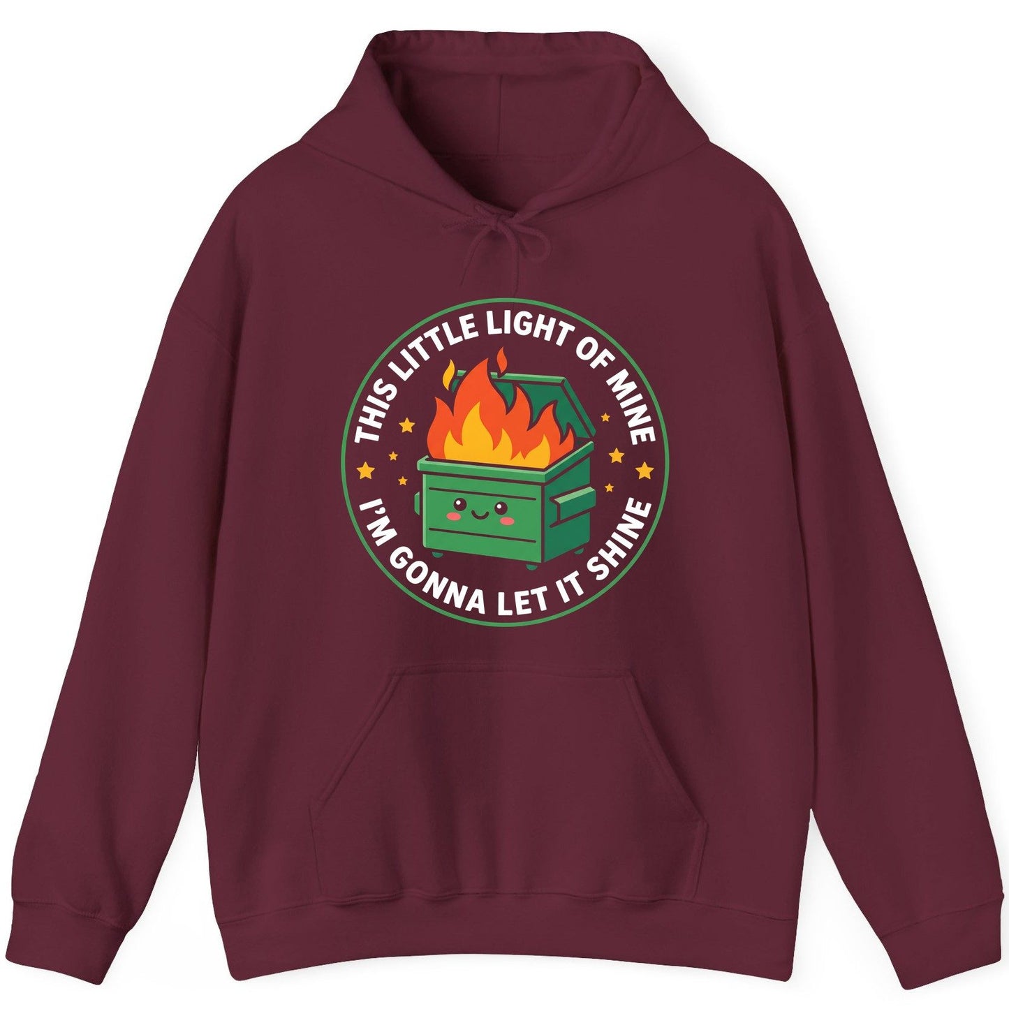 This little light of mine I'm gonna let it shine Dumpster Fire Hoodie Maroon product mockup