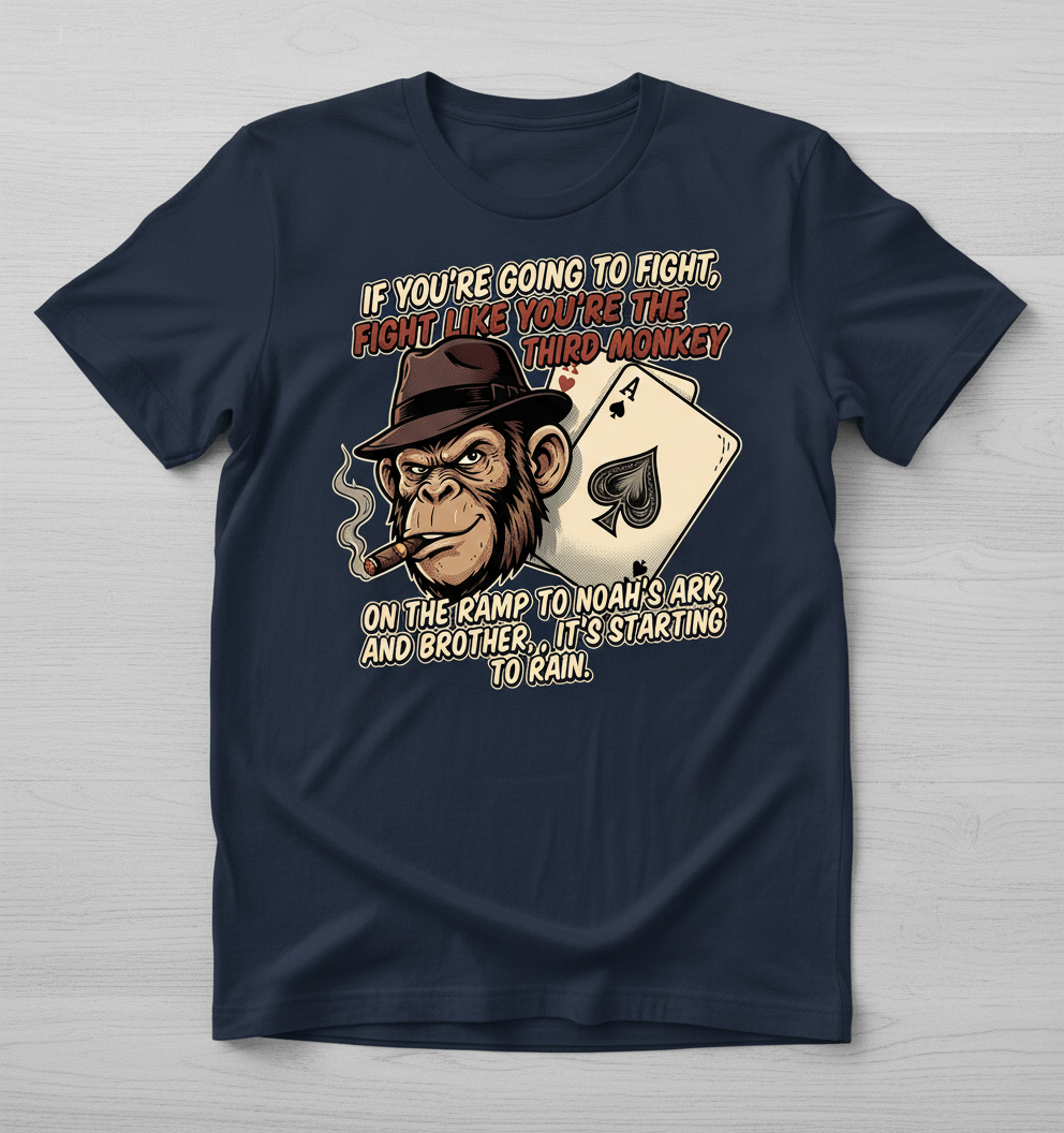 Third Monkey on Noah's Ark Fighting Quote T-Shirt - Navy
