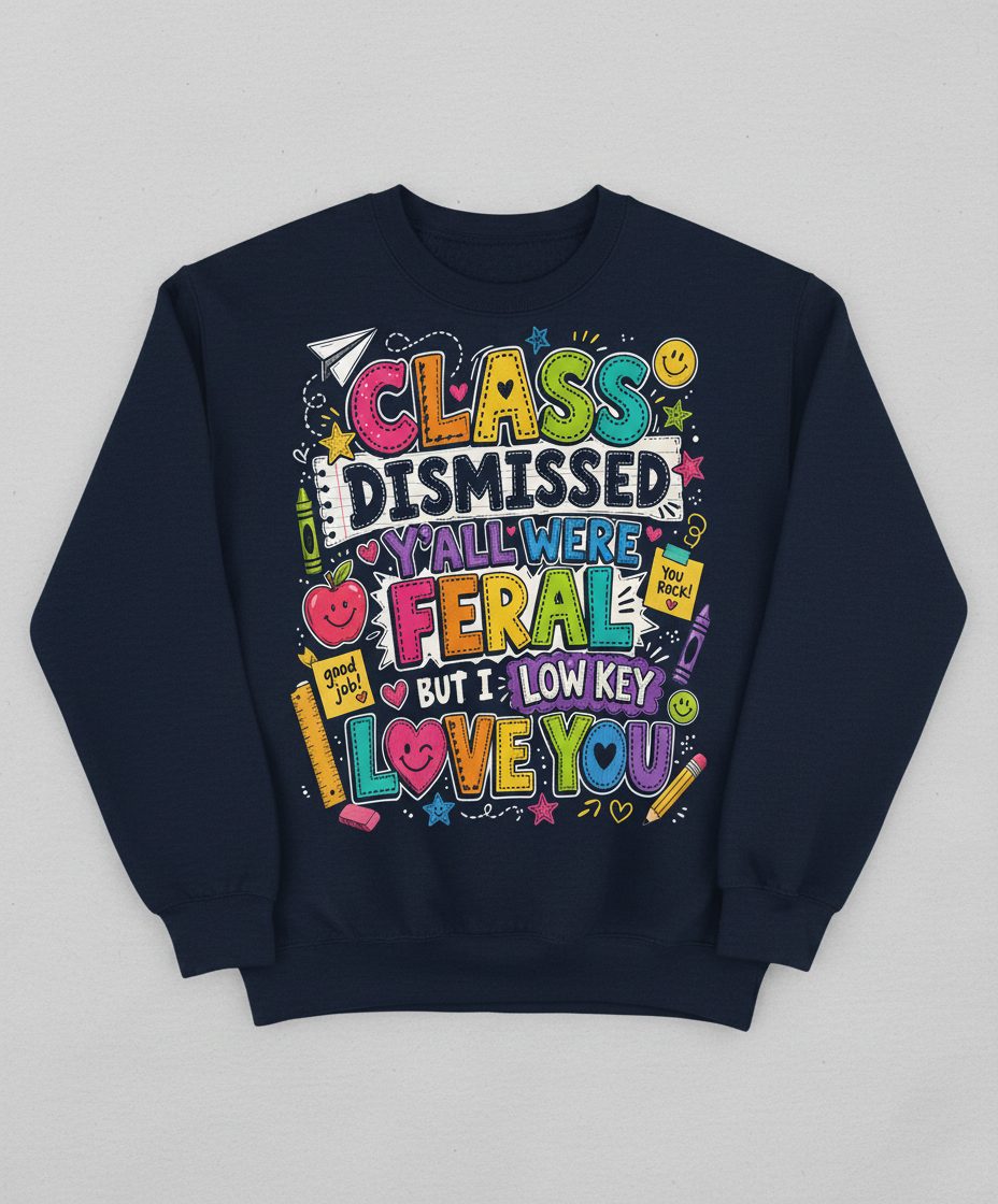 Class Dismissed Y'all Were Feral but I Low Key Love You Sweatshirt - product mockup - Navy