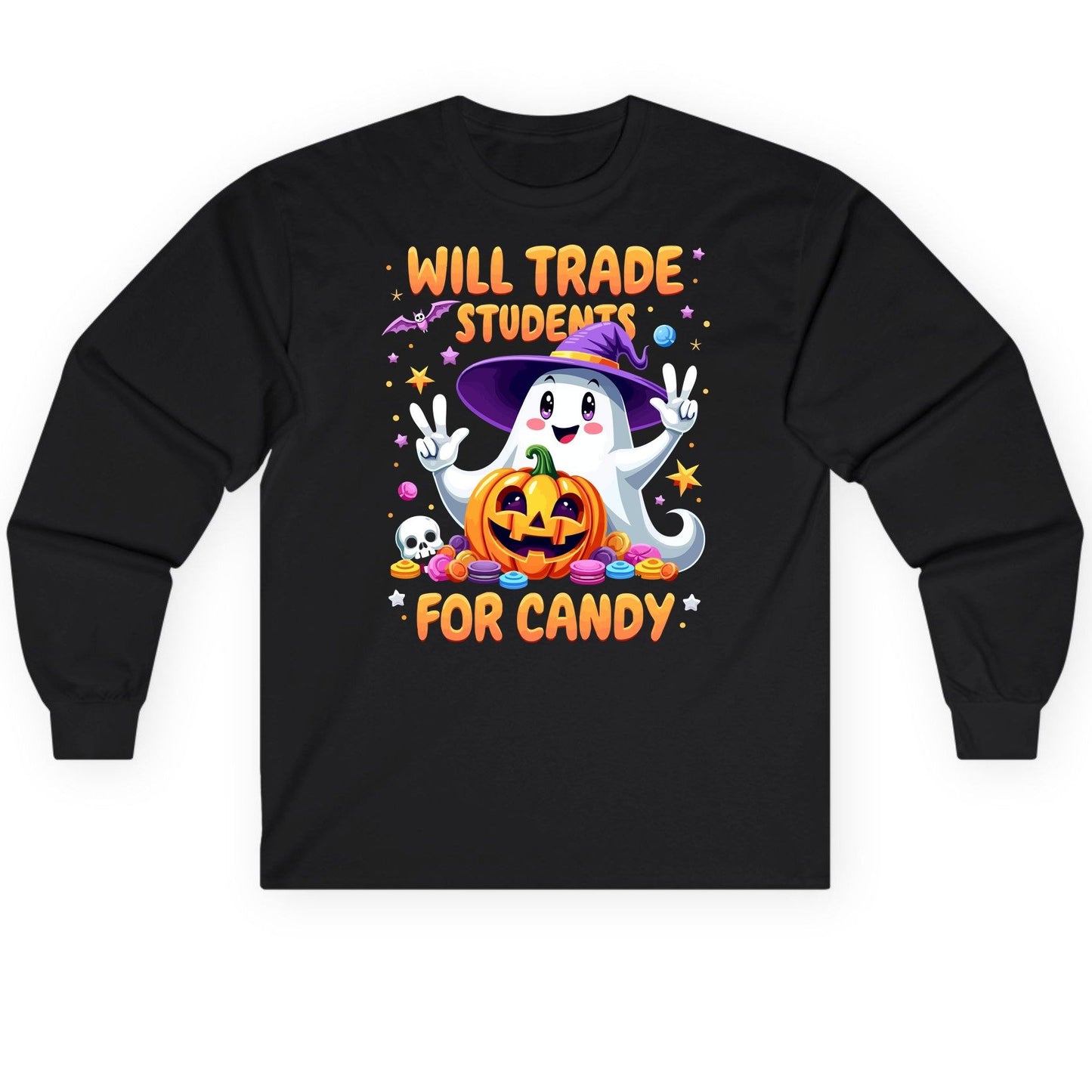 Will Trade Students for Candy teacher Halloween Long Sleeve Tee Black product mockup