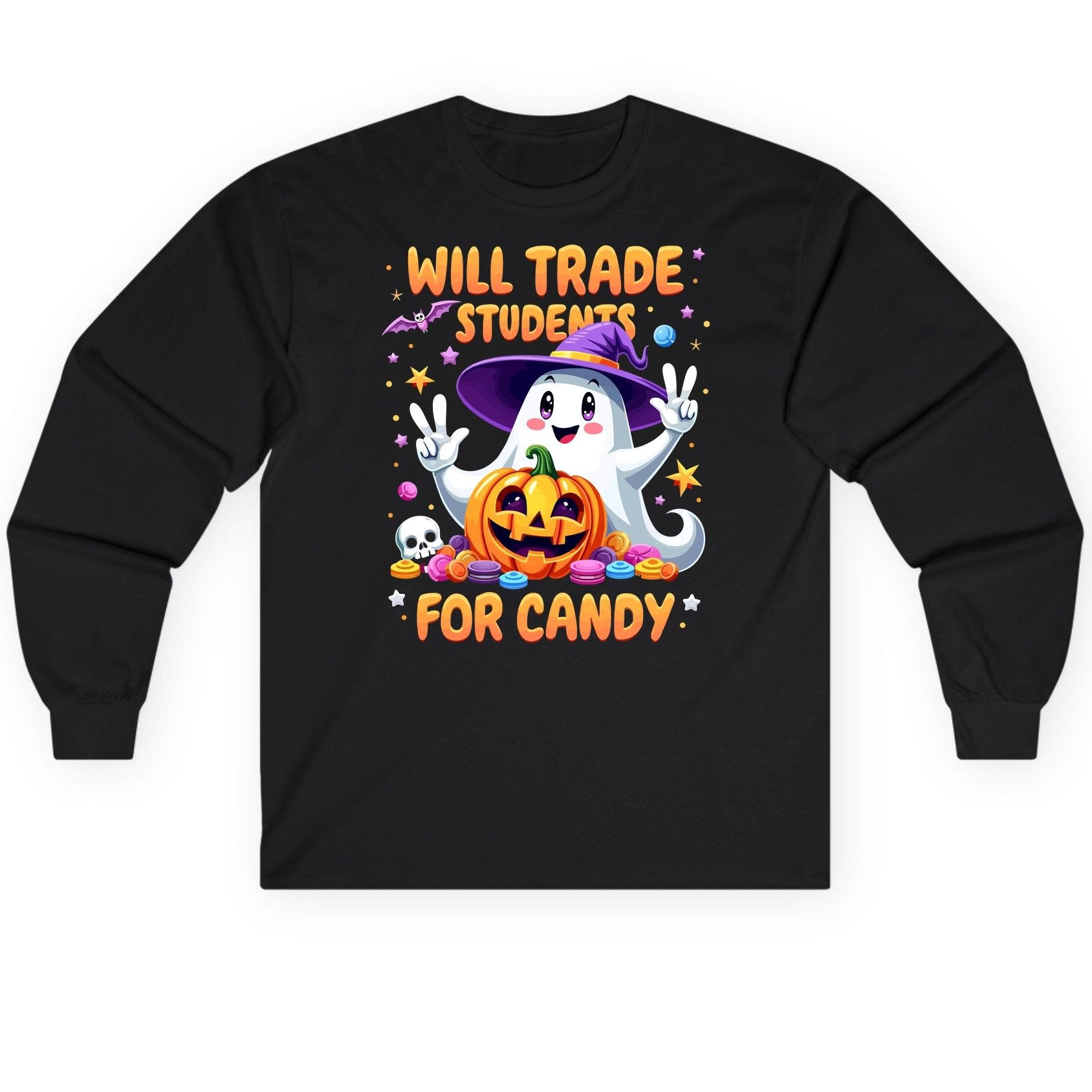 Will Trade Students for Candy teacher Halloween Long Sleeve Tee Black product mockup