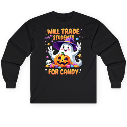 Will Trade Students for Candy teacher Halloween Long Sleeve Tee Black product mockup