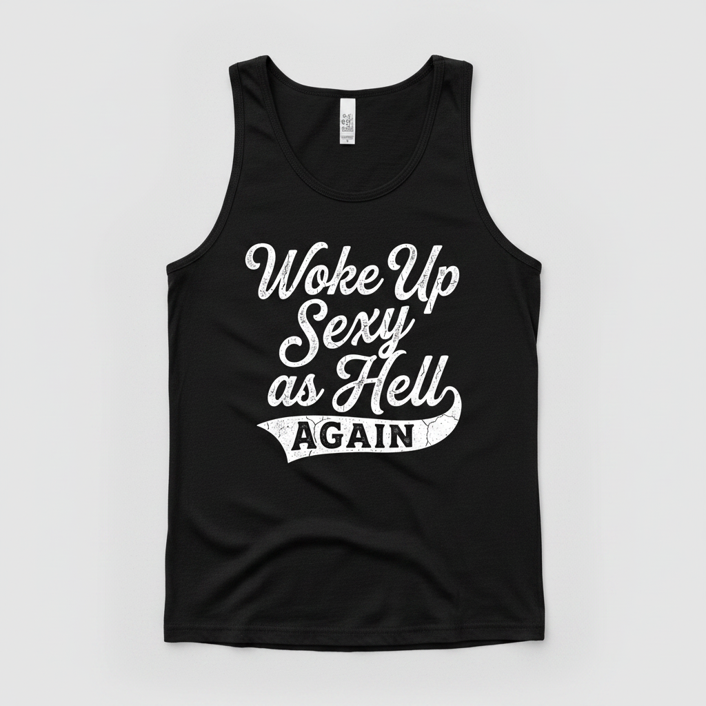 Woke Up Sexy As Hell Again Funny Sarcastic Quote Tank Top - Black
