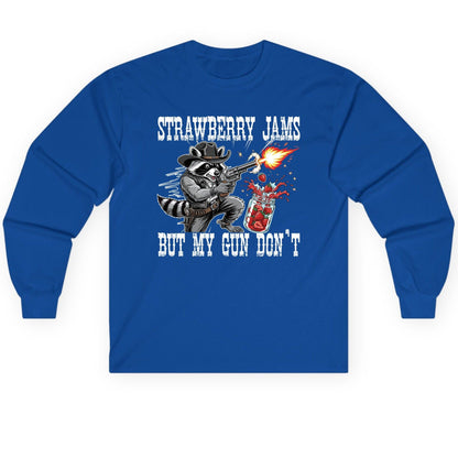Strawberry Jams but My Gun Don't raccoon Long Sleeve Tee Royal product mockup