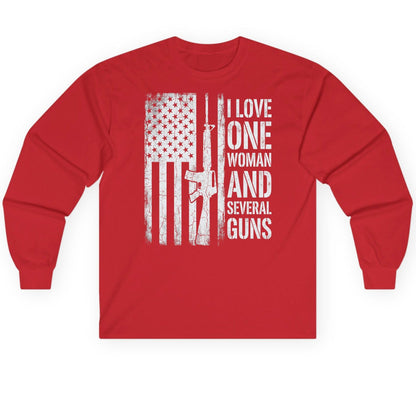 I LOVE ONE WOMAN AND Several GUNS Funny Pro-Gun Long Sleeve Tee - product mockup - Red