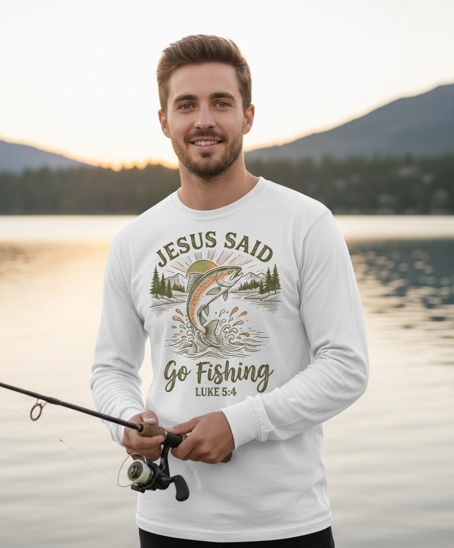 JESUS SAID Go Fishing LUKE 5 4 Vintage Christian Long Sleeve Tee - lifestyle model mockup - White