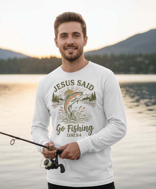 JESUS SAID Go Fishing LUKE 5 4 Vintage Christian Long Sleeve Tee - lifestyle model mockup - White