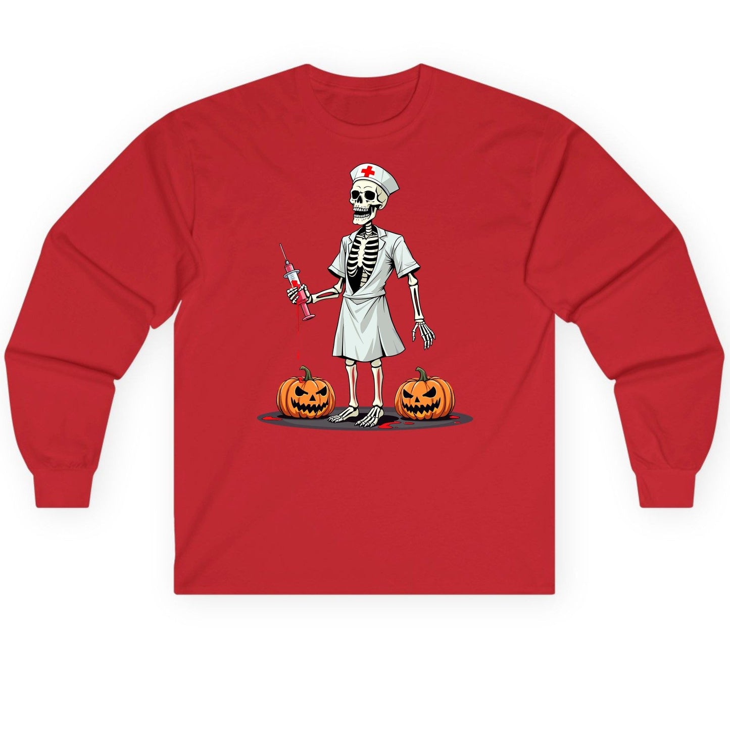 Spooky Skeleton Nurse Halloween skeleton nurse Long Sleeve Tee Red product mockup