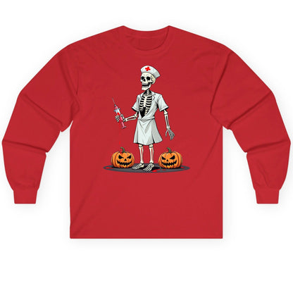 Spooky Skeleton Nurse Halloween skeleton nurse Long Sleeve Tee Red product mockup