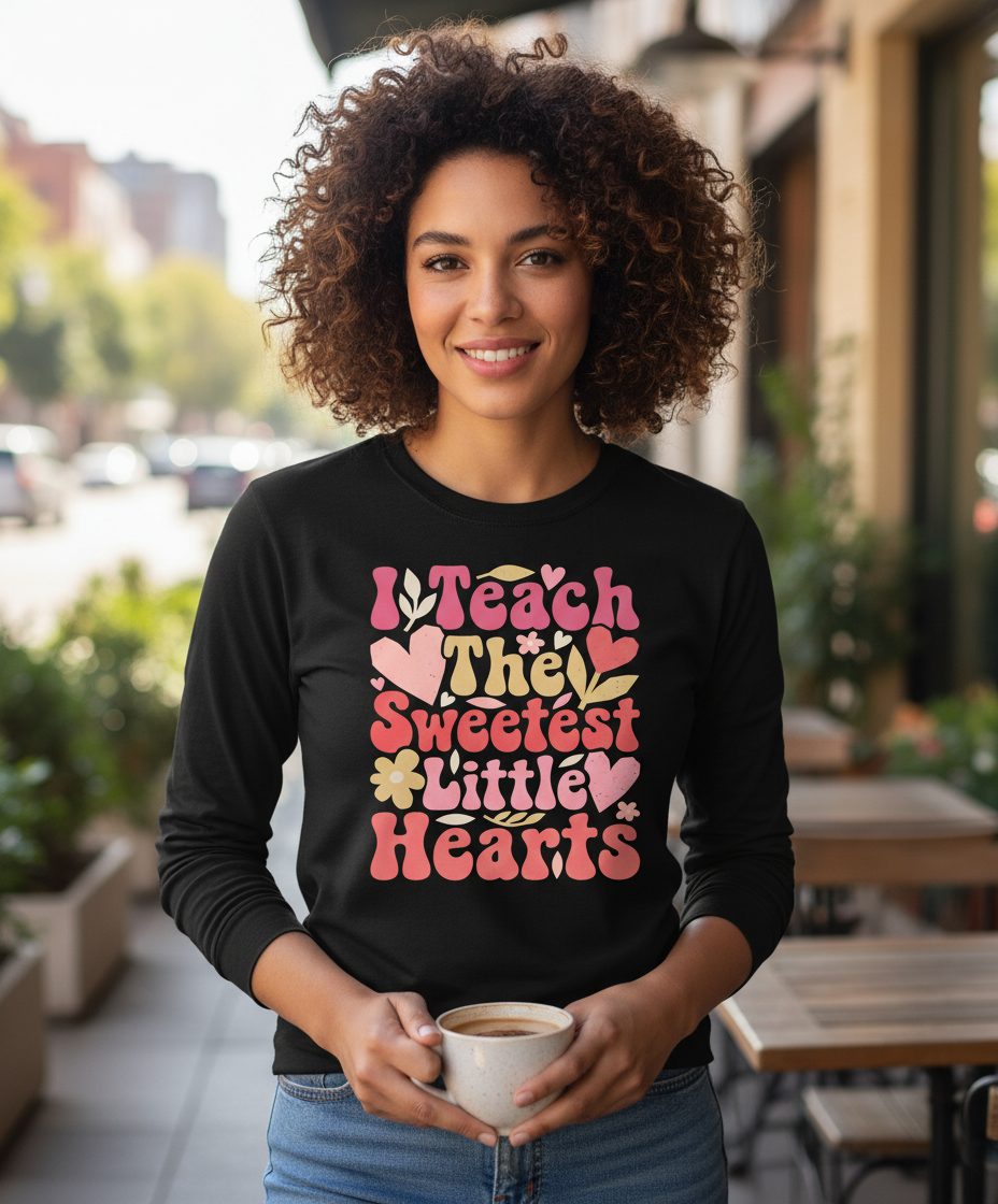 I Teach the Sweetest Little Hearts teaching Long Sleeve Tee Black lifestyle mockup