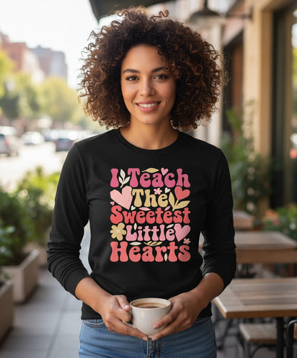 I Teach the Sweetest Little Hearts teaching Long Sleeve Tee Black lifestyle mockup