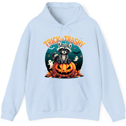 Trick or Trashy Halloween raccoon Hoodie Light Blue product mockup