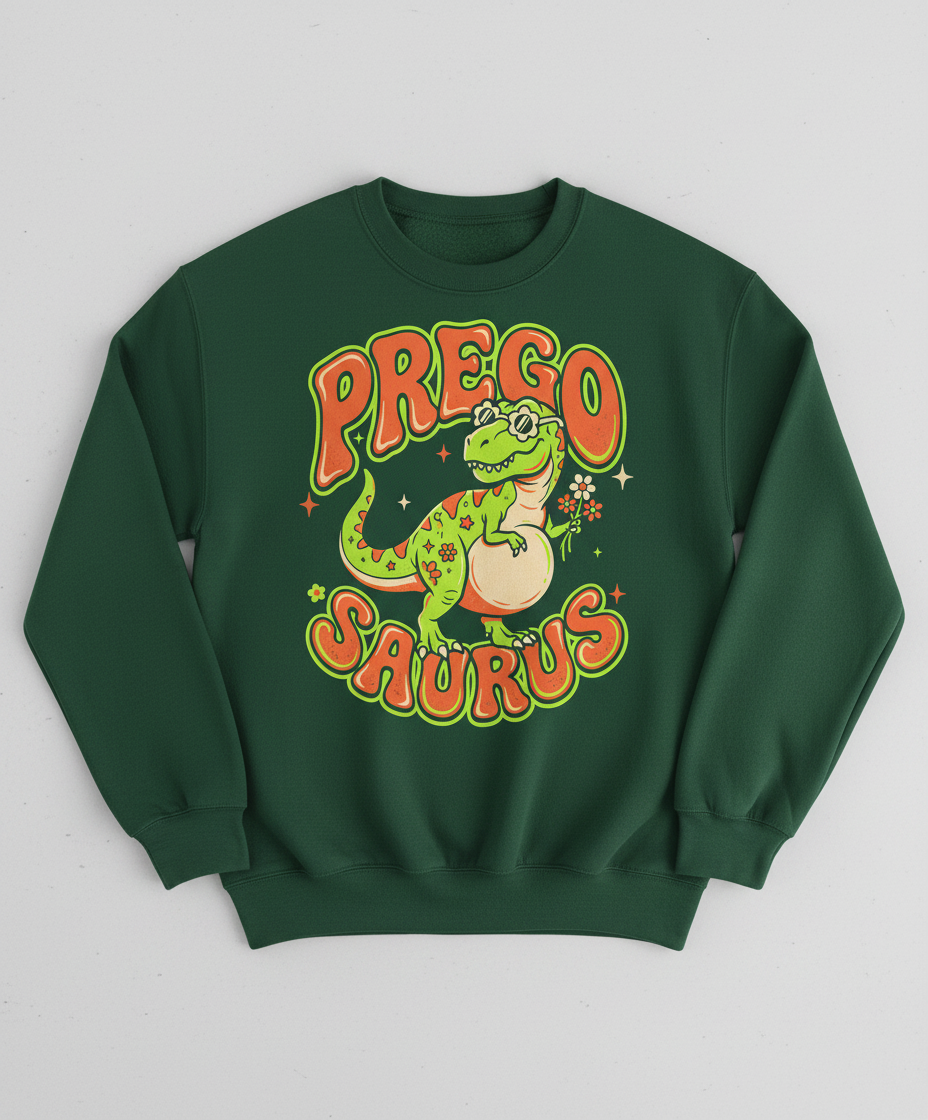 Prego Saurus Retro Pregnant Dinosaur Sweatshirt - Forest Green