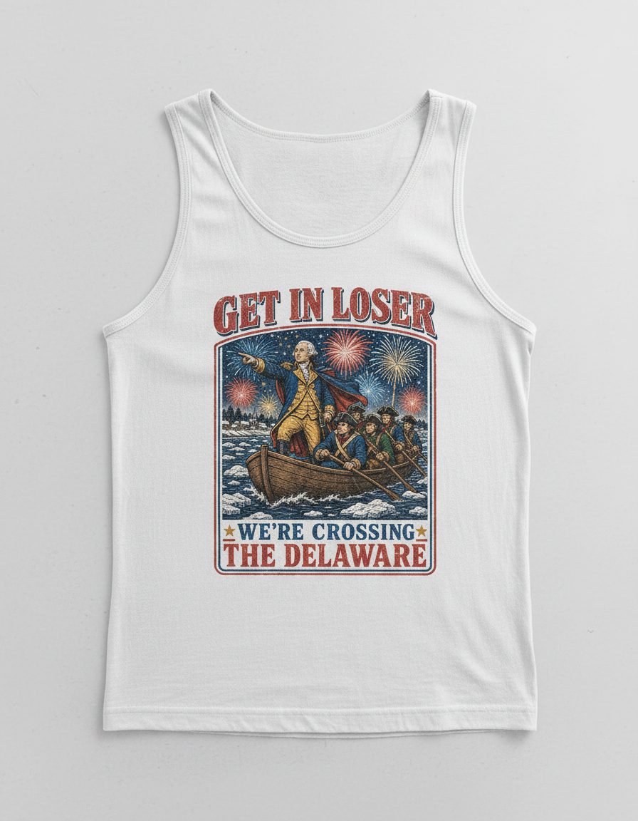 Get in Loser We're Crossing the Delaware Tank Top - product mockup - White