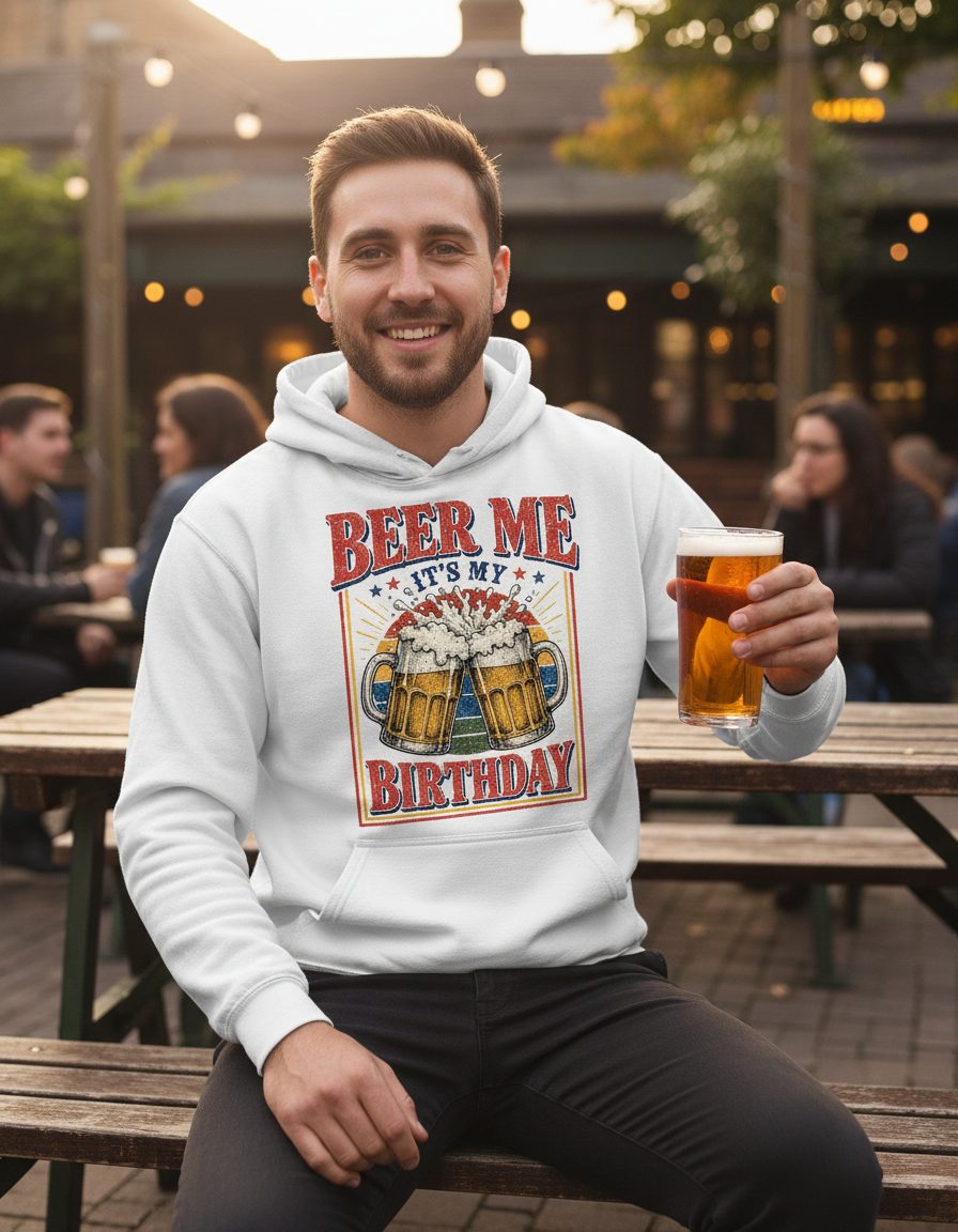 Beer Me It's My Birthday Funny Celebrants Hoodie - lifestyle model mockup - White